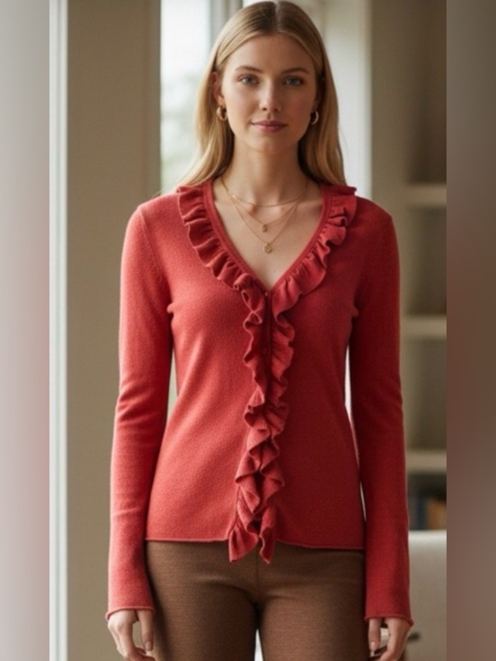 Magaschoni Coral Ruffle-Trim V-Neck Cashmere Cardigan Retails $509